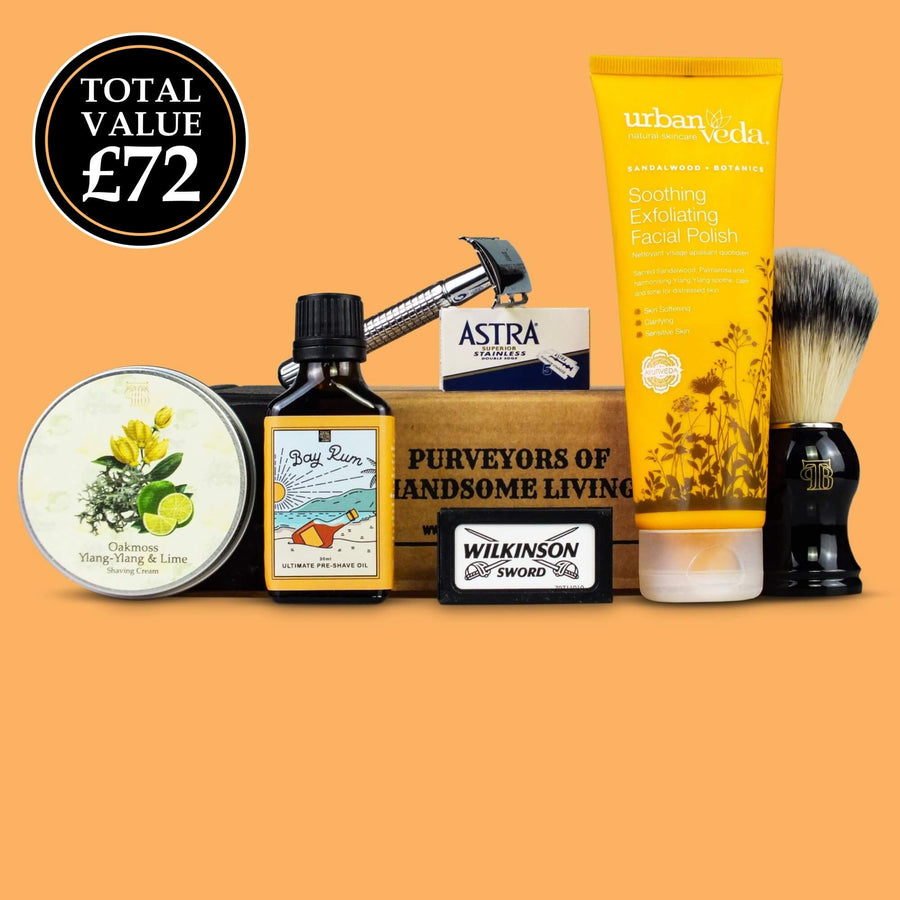 Complete wet shaving kit featuring safety razor, shaving brush, pre-shave oil, shaving cream, pre-shave scrub and 10 replacement DE razorblades. Total value over £72
