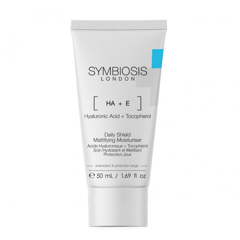 Symbiosis London Daily Shield Mattifying Moisturiser with Hyaluronic acid and Tocopherol on a white background
